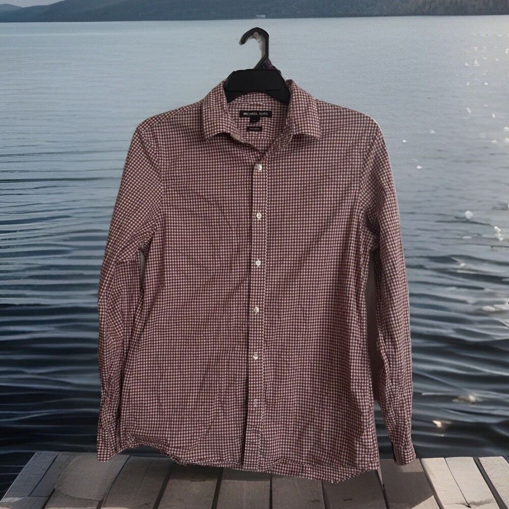 Michael Kors Men's Sz L Slim-Fit Stretch Gingham Check Shirt Harvest Orange